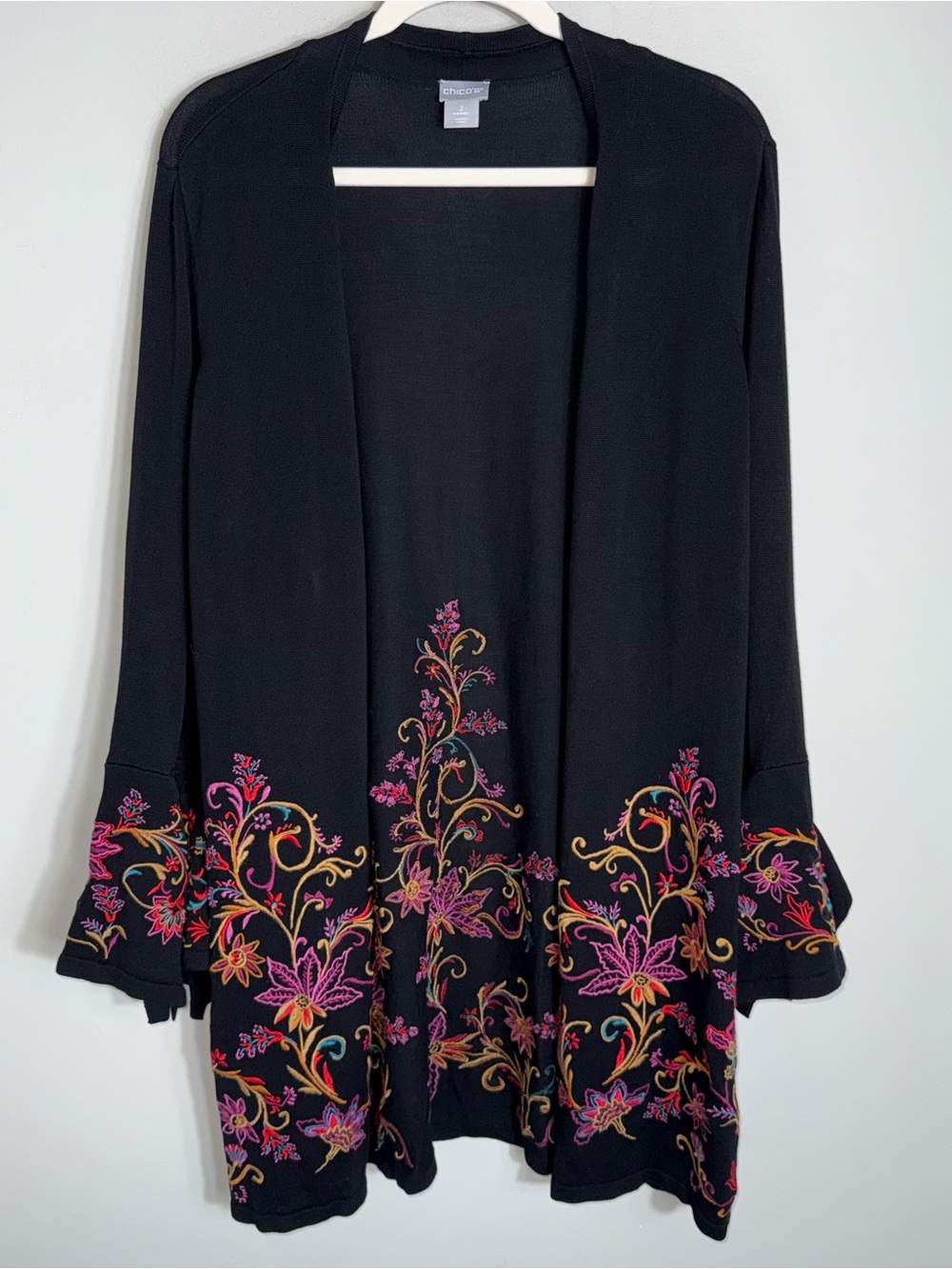 Chico's Open Front Cardigan Sweater-Black Colorful Embroidery-Cotton Blend-Large